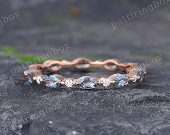 Full eternity Alexandrite wedding band Vintage Unique Marquise Rose gold wedding band Art deco Matching Stacking band Bridal Promise band