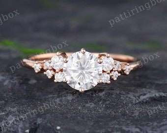 Unique Rose gold Moissanite engagement ring Vintage engagement ring Diamond Prong set Bridal Cluster ring Anniversary Promise ring For women