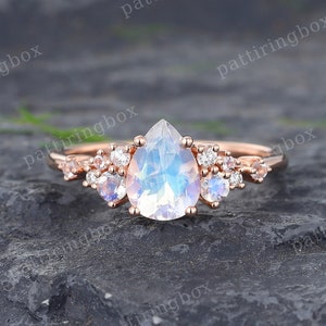 Vintage Moonstone engagement ring Rose gold engagement ring Unique Moissanite Diamond Cluster Bridal ring Anniversary ring Promise ring