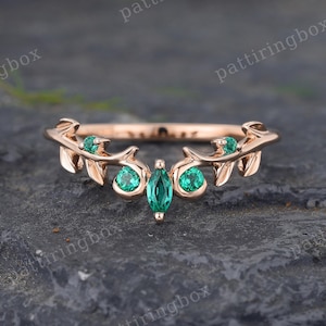 Marquise cut Emerald curved wedding band 14K Rose gold Curved wedding band Leaf Vines Matching Stacking band Nature inspired Promise band