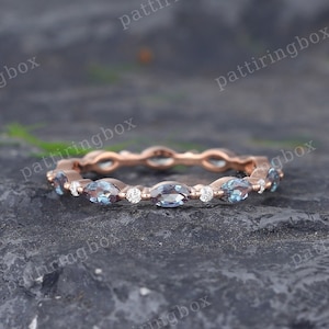 Full eternity Alexandrite wedding band Vintage Unique Marquise Rose gold wedding band Art deco Matching Stacking band Bridal Promise band