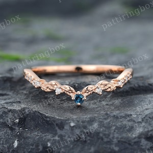 Vintage London Blue Topaz Filigree wedding band Rose gold Diamond ring Curved wedding band Art deco Leaf Matching Stacking band Promise gift