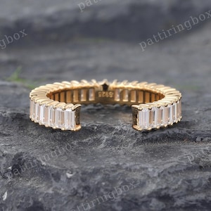 Baguette cut Moissanite wedding band Yellow gold open Moissanite wedding band Unique Full eternity Stacking band Anniversary Promise ring