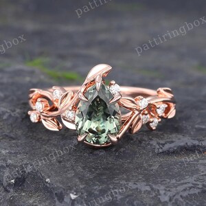Pear shaped Green Sapphire engagement ring Rose gold ring Unique Moissanite Cluster Leaf ring Bridal Diamond ring Anniversary Promise ring