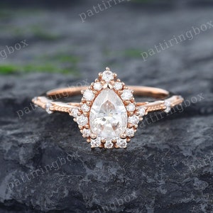 Vintage Pear Moissanite engagement ring Unique Rose gold engagement ring Diamond Halo Milgrain ring Bridal wedding Anniversary Promise ring