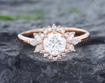 Unique Rose gold Moissanite engagement ring Vintage Flower engagement ring Marquise cut Diamond Halo Cluster ring Anniversary Promise ring