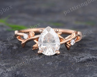 Pear shaped Moissanite engagement ring Unique Twig rose gold engagement ring Diamond Vintage Bridal wedding Anniversary Promise ring for her