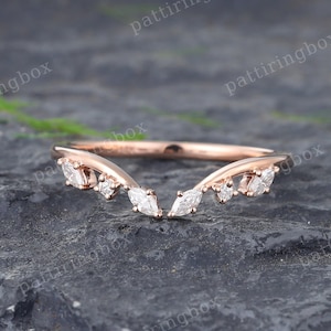 Anillo de boda abierto de oro rosa con corte marquesa de moissanita, estilo art déco vintage, apilable a juego, anillo de compromiso nupcial y aniversario.