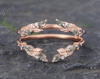 Obrączka ślubna z agatu mchowego Marquise, zakrzywiona, różowe złoto, obrączka z Moissanite Enhancer, aleksandryt, podwójna obrączka ślubna, pasujący pierścionek typu Stacking Botanical