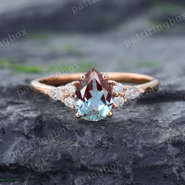 Alexandrite engagement ring Vintage Pear Shaped Rose gold engagement ring Marquise Diamond ring Bridal Wedding Anniversary Promise ring