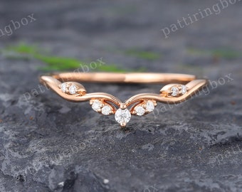 Rose gold Moissanite wedding band Unique Diamond Curved wedding band Art deco Matching Stacking band Vintage Promise band gift for women