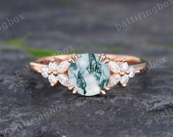 Vintage Moss Agate engagement ring Rose gold engagement ring Unique Diamond Cluster ring Marquise cut ring Bridal Anniversary Promise ring