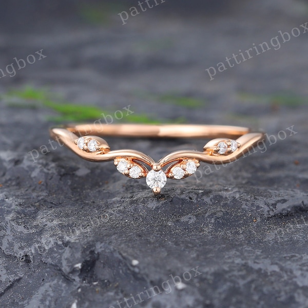 Rose gold Moissanite wedding band Unique Diamond Curved wedding band Art deco Matching Stacking band Vintage Promise band gift for women