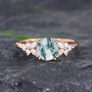 Vintage Moss Agate engagement ring Rose gold engagement ring Unique Diamond Cluster ring Marquise cut ring Bridal Anniversary Promise ring