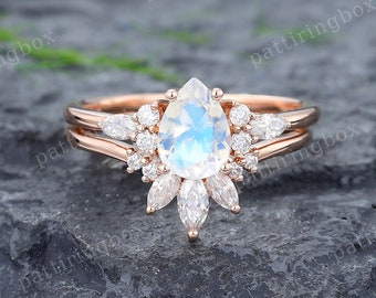 Pear Moonstone engagement ring set Unique Rose gold Marquise Diamond Cluster ring Vintage Bridal wedding Anniversary Promise ring for women