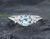 Aquamarine engagement ring Vintage White gold engagement ring Unique Marquise Diamond Cluster ring Art deco Bridal Anniversary Promise ring