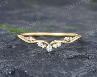 Yellow gold Moissanite wedding band Unique Diamond Curved wedding band Art deco Matching Stacking band Vintage Promise band gift for women