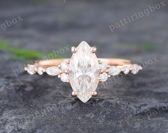 Marquise cut Moissanite engagement ring Vintage Rose gold engagement ring Diamond Ring Unique wedding Anniversary Promise ring gift for her
