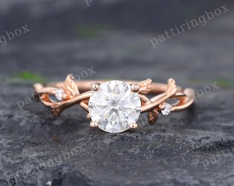 Moissanite engagement ring Vintage Rose gold engagement ring Diamond ring Leaf ring Wedding Bridal Anniversary Promise ring Art deco for her