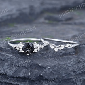 Black Rutilated Quartz engagement ring set White gold engagement ring Vintage Bridal set Diamond wedding Curved Anniversary Promise ring