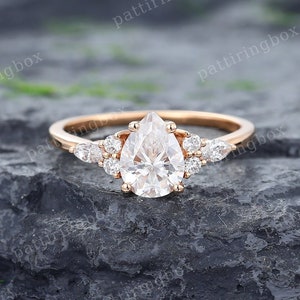 Pear cut Moissanite engagement ring Vintage Rose gold engagement ring Unique Marquise Diamond Cluster ring Bridal Anniversary Promise ring