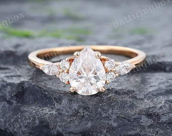 Pear cut Moissanite engagement ring Vintage Rose gold engagement ring Unique Marquise Diamond Cluster ring Bridal Anniversary Promise ring