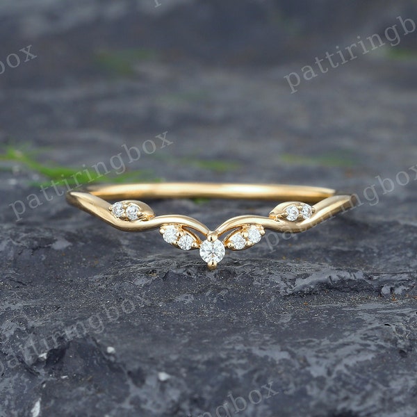 Yellow gold Moissanite wedding band Unique Diamond Curved wedding band Art deco Matching Stacking band Vintage Promise band gift for women
