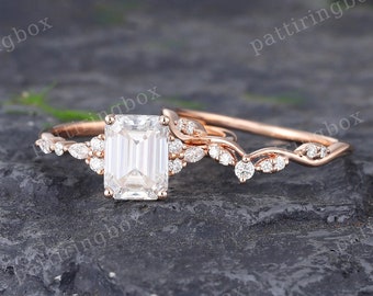 Vintage Emerald  cut Moissanite engagement ring set rose gold engagement ring Bridal set Diamond wedding Curved Anniversary Promise ring