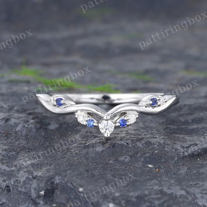 Dainty White gold Diamond wedding band Unique Blue Sapphire Curved wedding band Matching Stacking band Art deco Bridal ring Promise ring