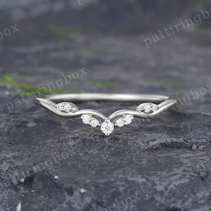 White gold Moissanite wedding band Unique Diamond Curved wedding band Art deco Matching Stacking band Vintage Promise band gift for women