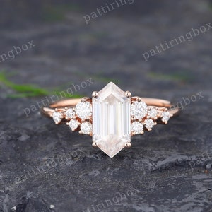 Elongated hexagon cut Moissanite engagement ring Vintage Rose gold engagement ring Diamond Cluster Bridal ring Anniversary ring Promise gift