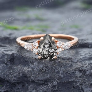 Pear Black Rutilated Quartz engagement ring Vintage Rose gold engagement ring Marquise Diamond ring Unique Wedding Anniversary Promise ring