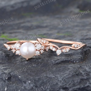 Ensemble de bague de fiançailles en or rose et perle vintage Bague de mariage incurvée en grappe de diamants unique Bague de mariée Bague de promesse Art déco