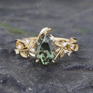 Pear shaped Green Sapphire engagement ring Yellow gold ring Unique Moissanite Cluster Leaf ring Bridal Diamond ring Anniversary Promise ring