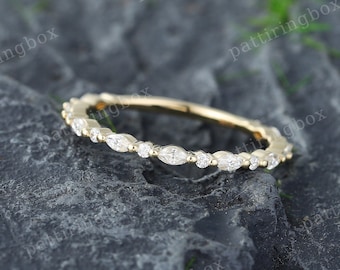 Moissanite wedding band Vintage Marquise Yellow gold wedding band 3/4 eternity Art deco Matching Stacking band Delicate Promise ring