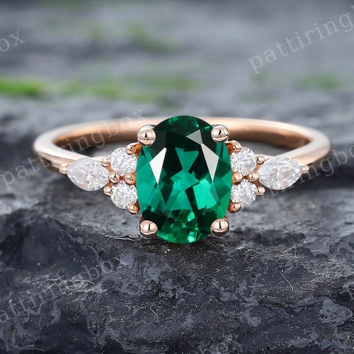 Oval Cut Lab Emerald Engagement Ring Rose Gold May Birthstone - Etsy