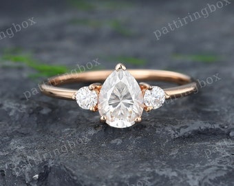 Pear Moissanite engagement ring Vintage Rose gold engagement ring Three stone Moissanite Wedding ring Dainty Bridal Anniversary Promise ring