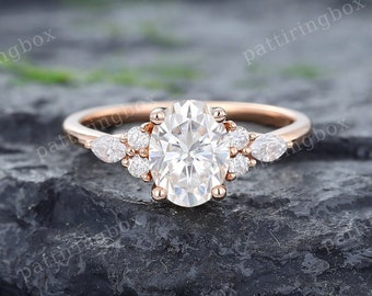 Oval Moissanite engagement ring Vintage Rose gold engagement ring Marquise Diamond Cluster Ring Unique wedding Anniversary Promise ring