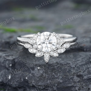 Moissanite engagement ring set Unique White gold Leaf Diamond Cluster ring Vintage Bridal wedding Anniversary Promise ring set Gift for her