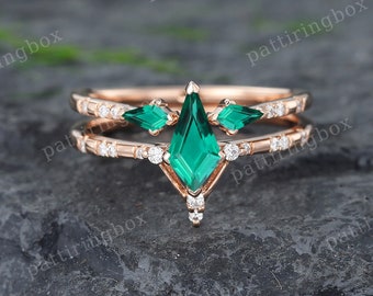 Kite cut Lab Emerald engagement ring set Unique Rose gold Diamond ring Vintage Open wedding band Bridal set Anniversary Promise ring set