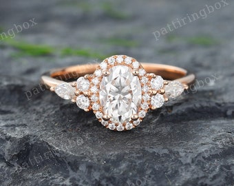 Oval Rose gold Moissanite engagement ring Vintage Unique engagement ring Marquise Diamond Cluster Halo ring Bridal Anniversary Promise ring