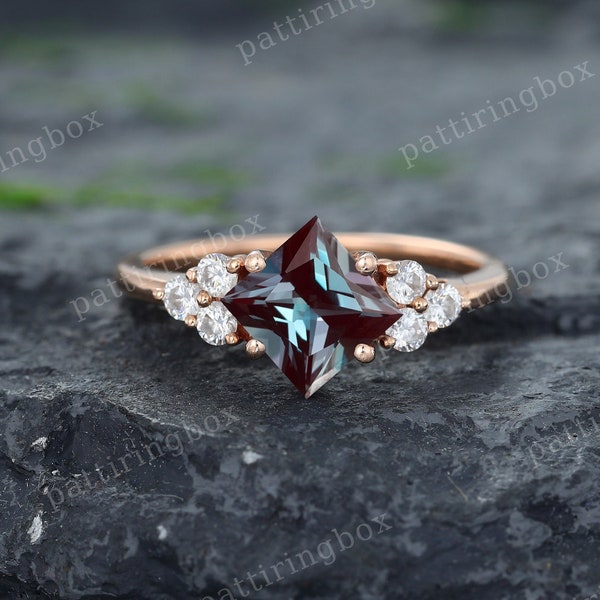 Princess cut Alexandrite engagement ring Vintage Rose gold engagement ring Diamond Cluster ring Unique Wedding Anniversary promise ring
