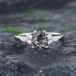 Birnen-Schwarz-Rutilquarz-Verlobungsring Vintage-Weißgold-Verlobungsring Marquise-Diamantring Einzigartiger Hochzeitsjubiläum Versprechensring