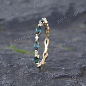 Full eternity Blue Green Sapphire wedding band Marquise Yellow gold Moissanite wedding band Pave Matching Stacking band Bridal Promise band