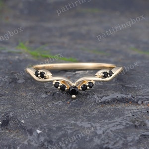Yellow gold Black Onyx wedding band Unique Curved wedding band Art deco Matching Stacking band Vintage Promise band ring for women
