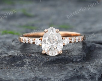 Unique Pear shaped Moissanite engagement ring Vintage Rose gold engagement ring Diamond Cluster Bridal Anniversary Promise ring For women