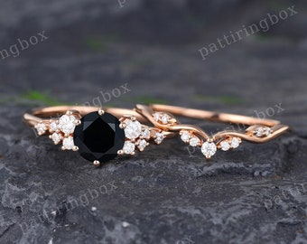 Unique Black Onyx engagement ring set Rose gold engagement ring Vintage Bridal set Diamond Curved ring wedding Anniversary Promise ring set