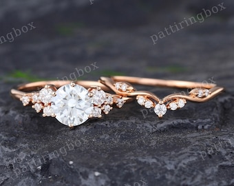 Unique Lab Diamond engagement ring set Vintage Rose gold ring Moissanite Diamond Cluster ring Art deco Bridal ring Anniversary Promise ring