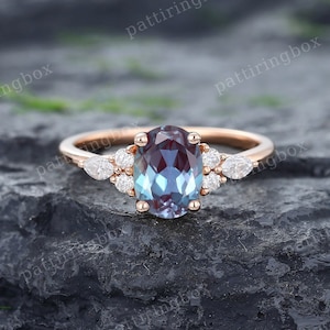 Oval Alexandrite engagement ring Vintage Rose gold engagement ring Marquise cut Diamond ring Unique Bridal Wedding Anniversary Promise ring