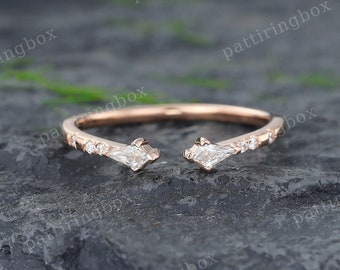 Rose gold Moissanite wedding band Vintage Unique Open wedding band women Kite cut Diamond Stacking Matching band Anniversary Promise band